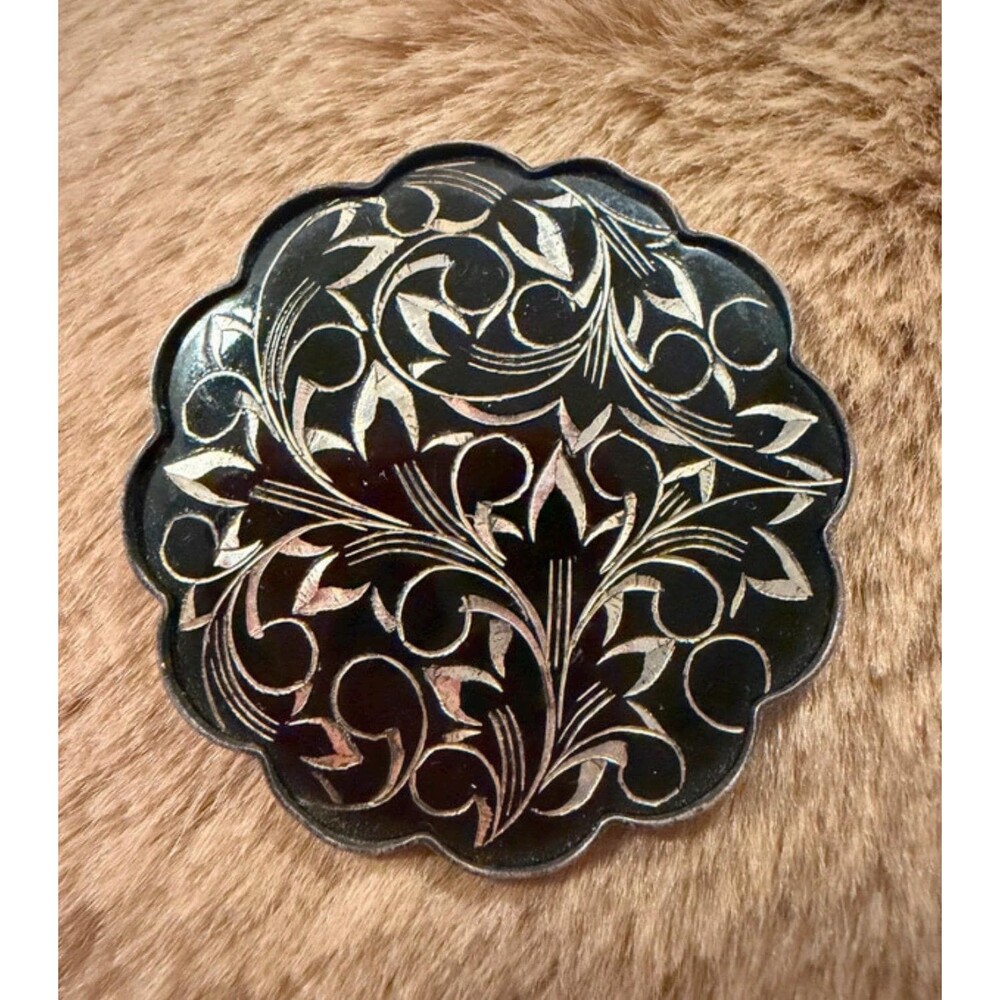 Vintage Amita Japan Sterling Silver Black Enamel Scalloped Brooch